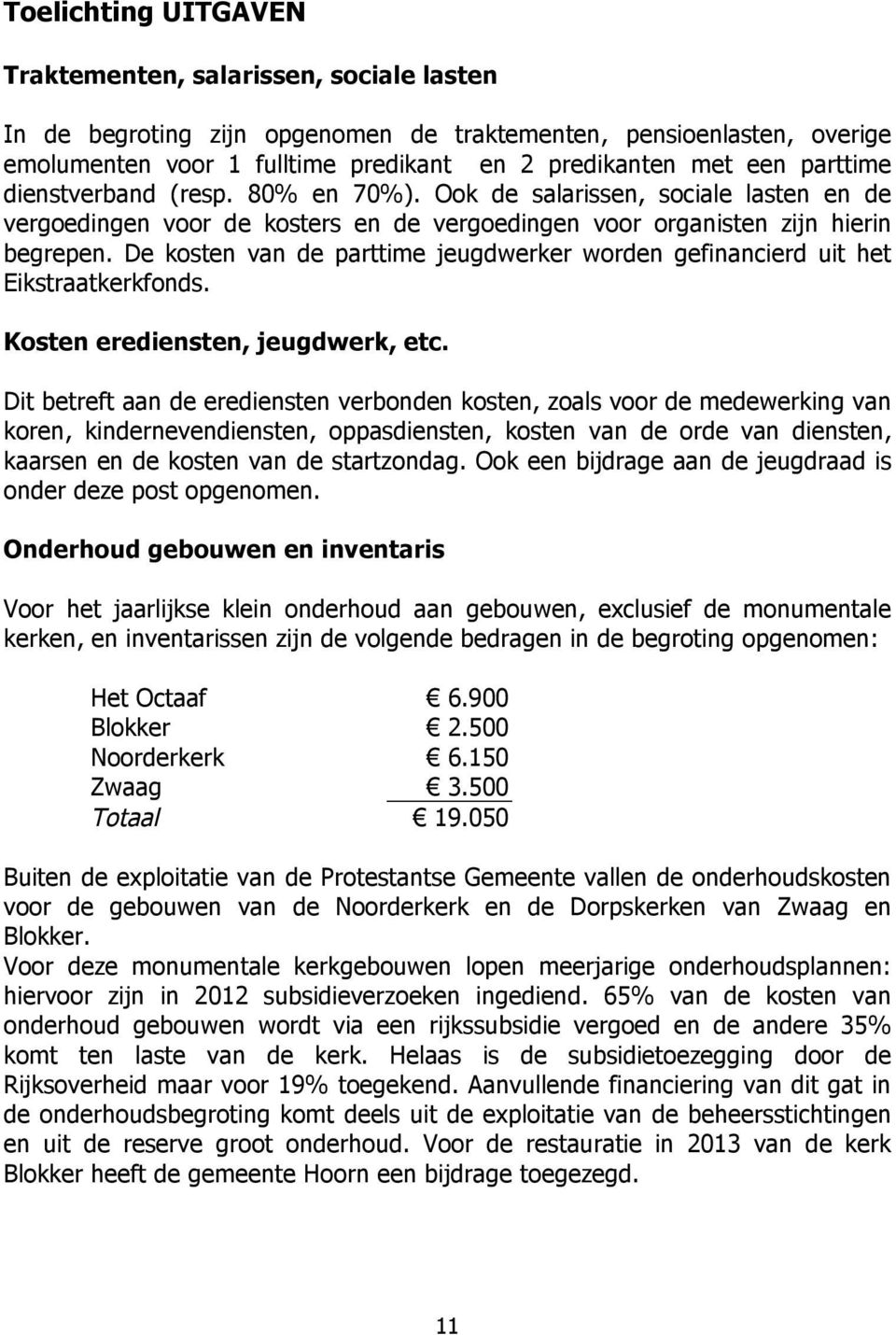 De kosten van de parttime jeugdwerker worden gefinancierd uit het Eikstraatkerkfonds. Kosten erediensten, jeugdwerk, etc.