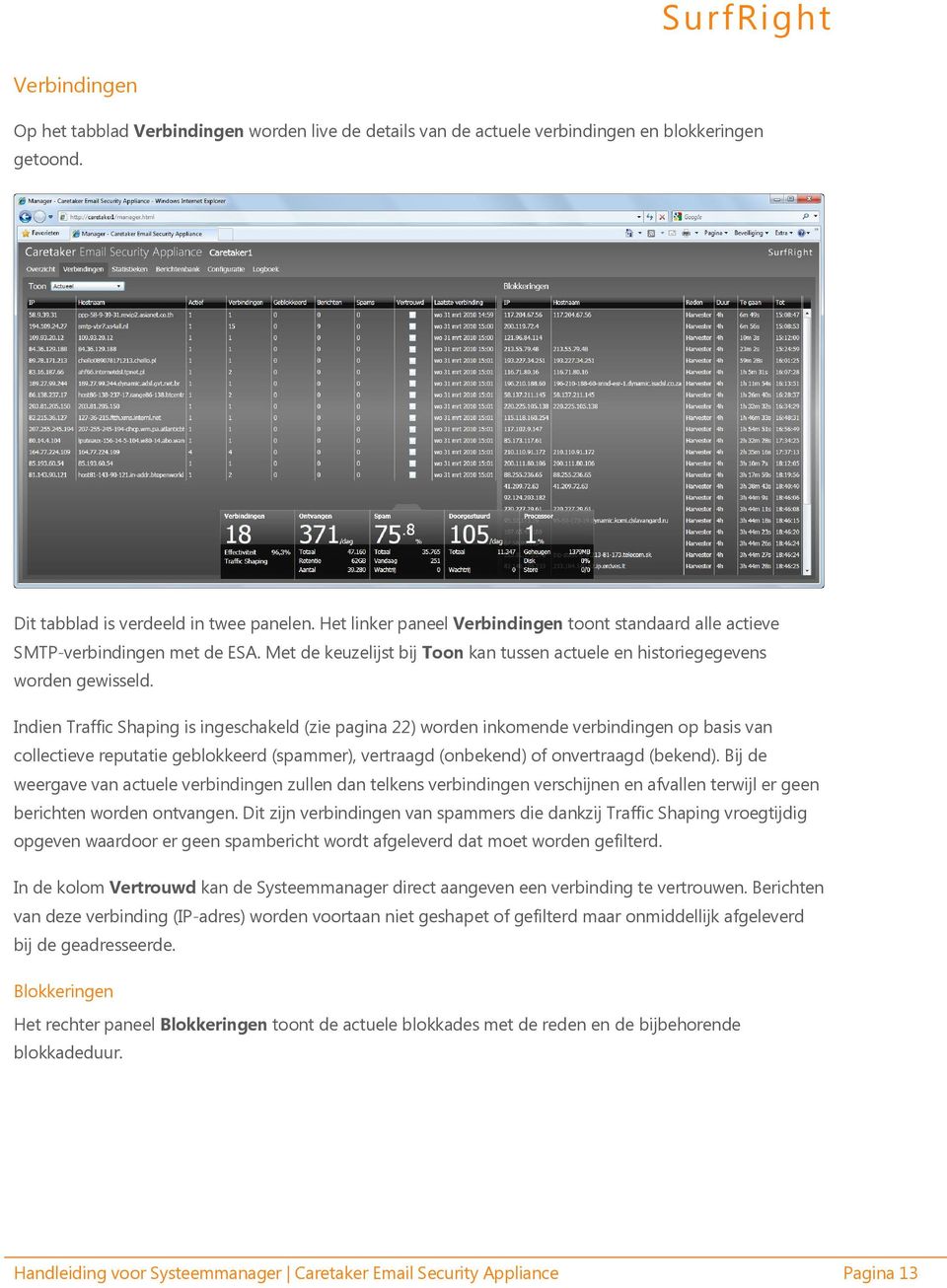 Indien Traffic Shaping is ingeschakeld (zie pagina 22) worden inkomende verbindingen op basis van collectieve reputatie geblokkeerd (spammer), vertraagd (onbekend) of onvertraagd (bekend).