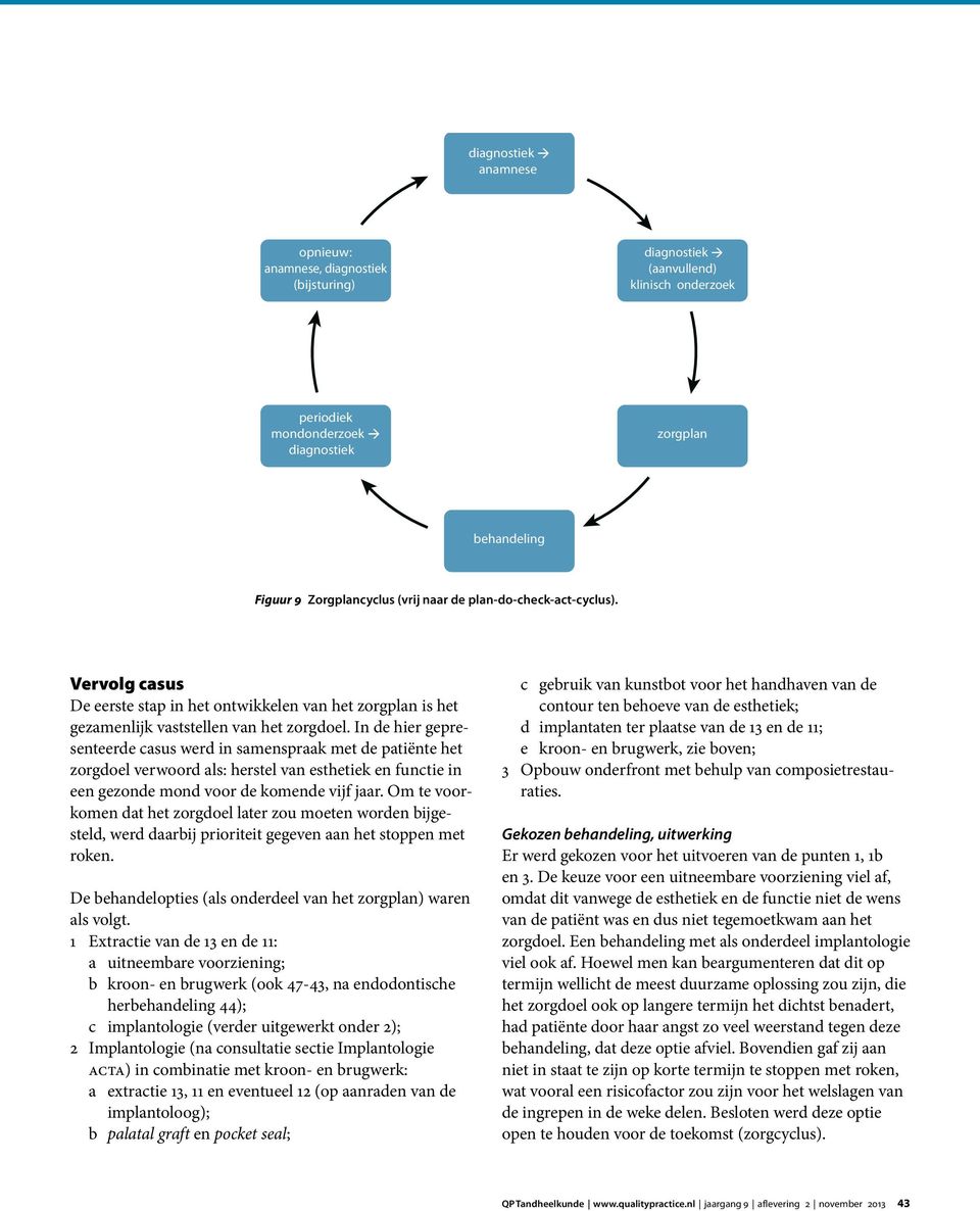 In de hier gepresenteerde casus werd in samenspraak met de patiënte het zorgdoel verwoord als: herstel van esthetiek en functie in een gezonde mond voor de komende vijf jaar.