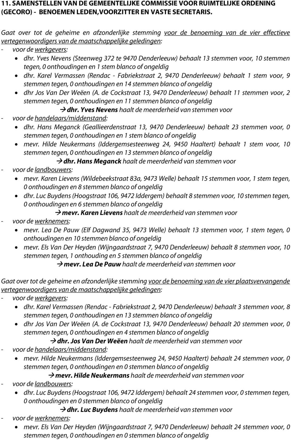 Yves Nevens (Steenweg 372 te 9470 behaalt 13 stemmen voor, 10 stemmen tegen, 0 onthoudingen en 1 stem dhr.