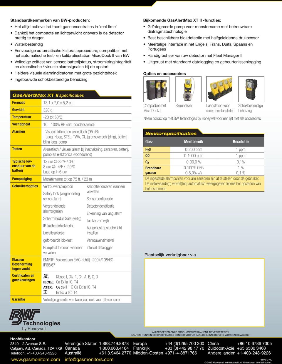 akoestische / visuele alarmsignalen bij de opstart Heldere visuele alarmindicatoren met grote gezichtshoek Ingebouwde schokbestendige behuizing Bijkomende GasAlertMax XT II -functies: Geïntegreerde