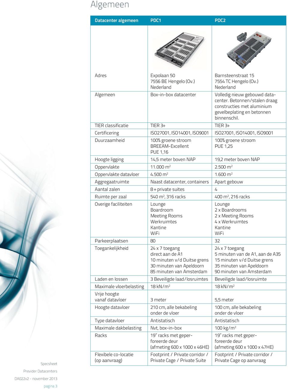 TIER classificatie TIER 3+ TIER 3+ Certificering ISO27001, ISO14001, ISO9001 ISO27001, ISO14001, ISO9001 Duurzaamheid 100% groene stroom 100% groene stroom BREEAM-Excellent PUE 1,25 PUE 1,16 Hoogte