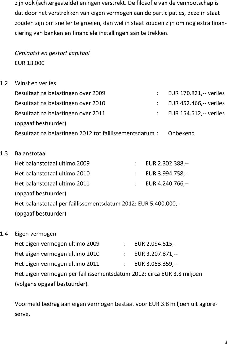 financiering van banken en financiële instellingen aan te trekken. Geplaatst en gestort kapitaal EUR 18.000 1.2 Winst en verlies Resultaat na belastingen over 2009 : EUR 170.