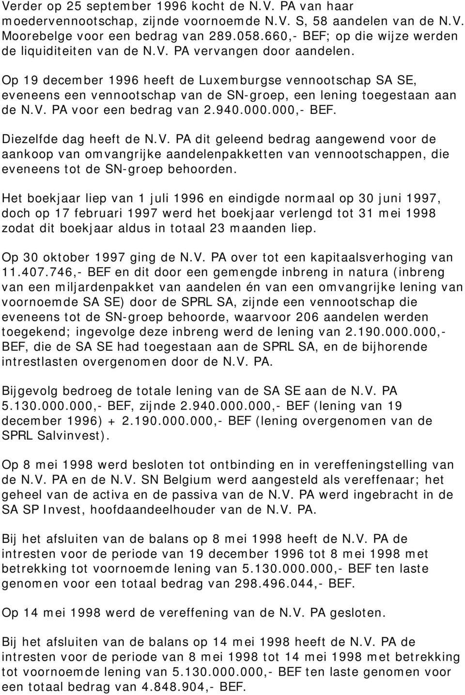 Op 19 december 1996 heeft de Luxemburgse vennootschap SA SE, eveneens een vennootschap van de SN-groep, een lening toegestaan aan de N.V. PA voor een bedrag van 2.940.000.000,- BEF.