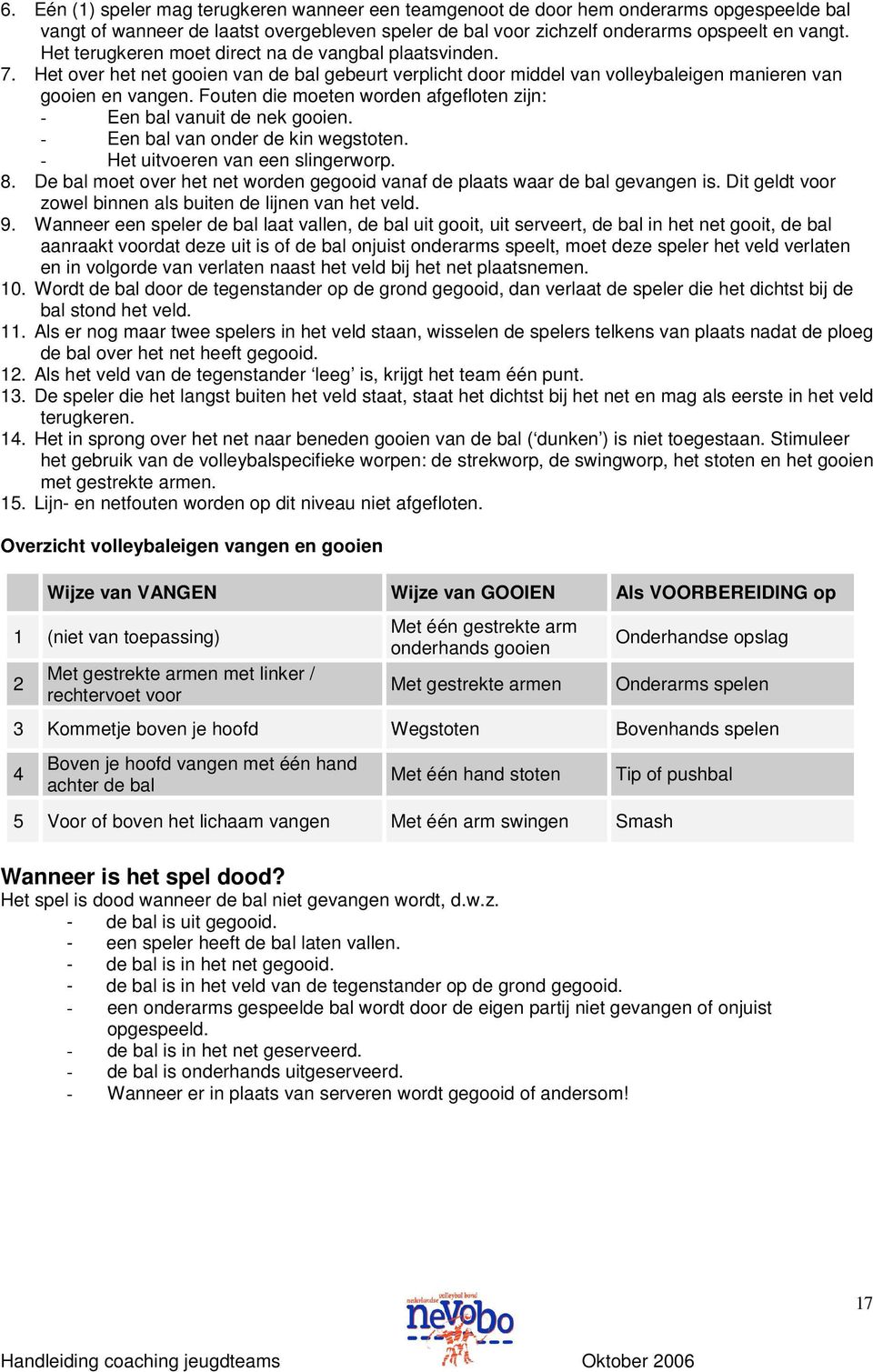 Fouten die moeten worden afgefloten zijn: - Een bal vanuit de nek gooien. - Een bal van onder de kin wegstoten. - Het uitvoeren van een slingerworp. 8.