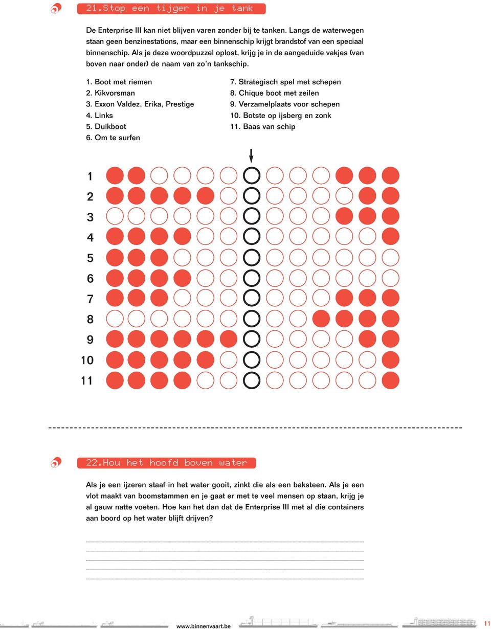 Als je deze wrdpuzzel plst, krijg je in de aangeduide vakjes (van bven naar nder) de naam van z n tankschip. 1. Bt met riemen 2. Kikvrsman 3. Exxn Valdez, Erika, Prestige 4. Links 5. Duikbt 6.