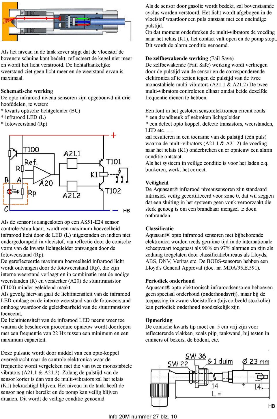 Schematische werking De opto infrarood niveau sensoren zijn opgebouwd uit drie hoofddelen, te weten: * kwarts optische lichtgeleider (BC) * infrarood LED (L) * fotoweerstand (Rp) HB Als de sensor is