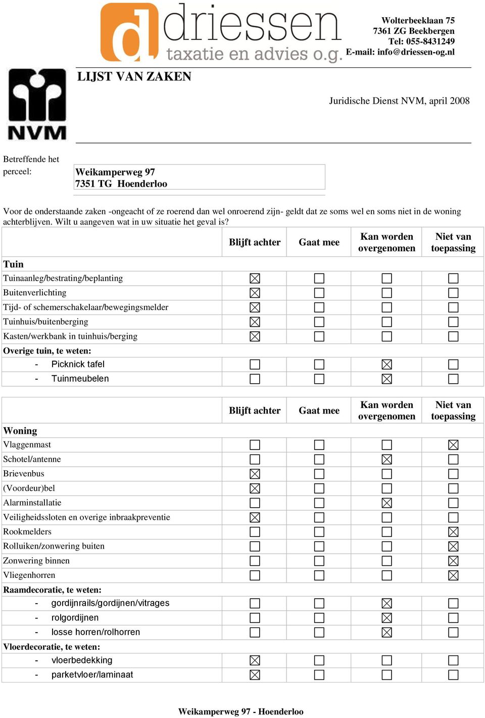 Tuin Tuinaanleg/bestrating/beplanting Buitenverlichting Tijd- of schemerschakelaar/bewegingsmelder Tuinhuis/buitenberging Kasten/werkbank in tuinhuis/berging Overige tuin, te weten: - Picknick tafel