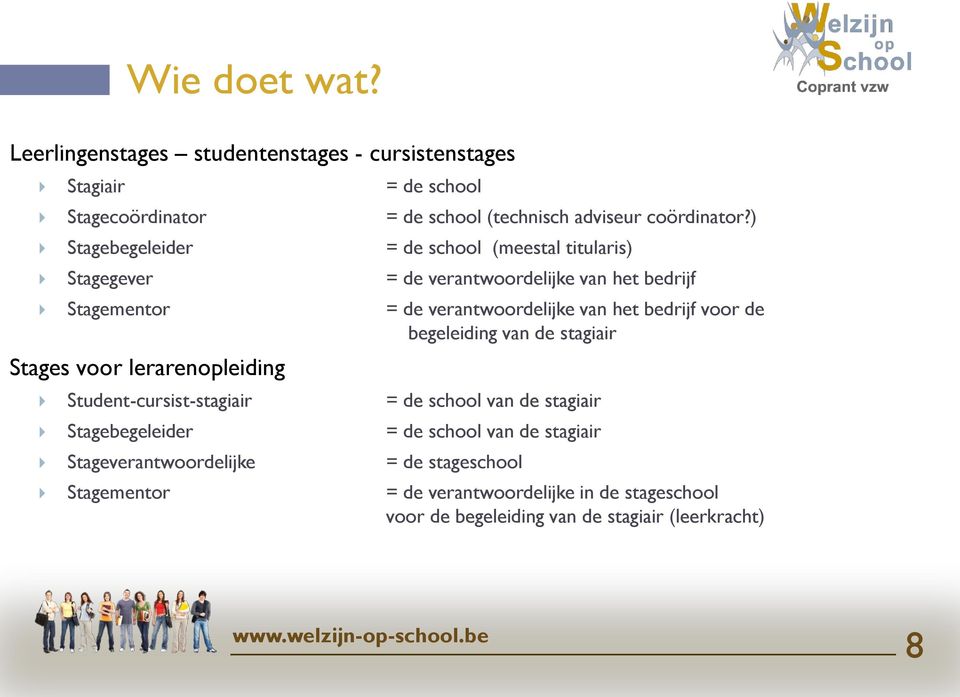 voor de begeleiding van de stagiair Stages voor lerarenopleiding Student-cursist-stagiair = de school van de stagiair Stagebegeleider = de school van