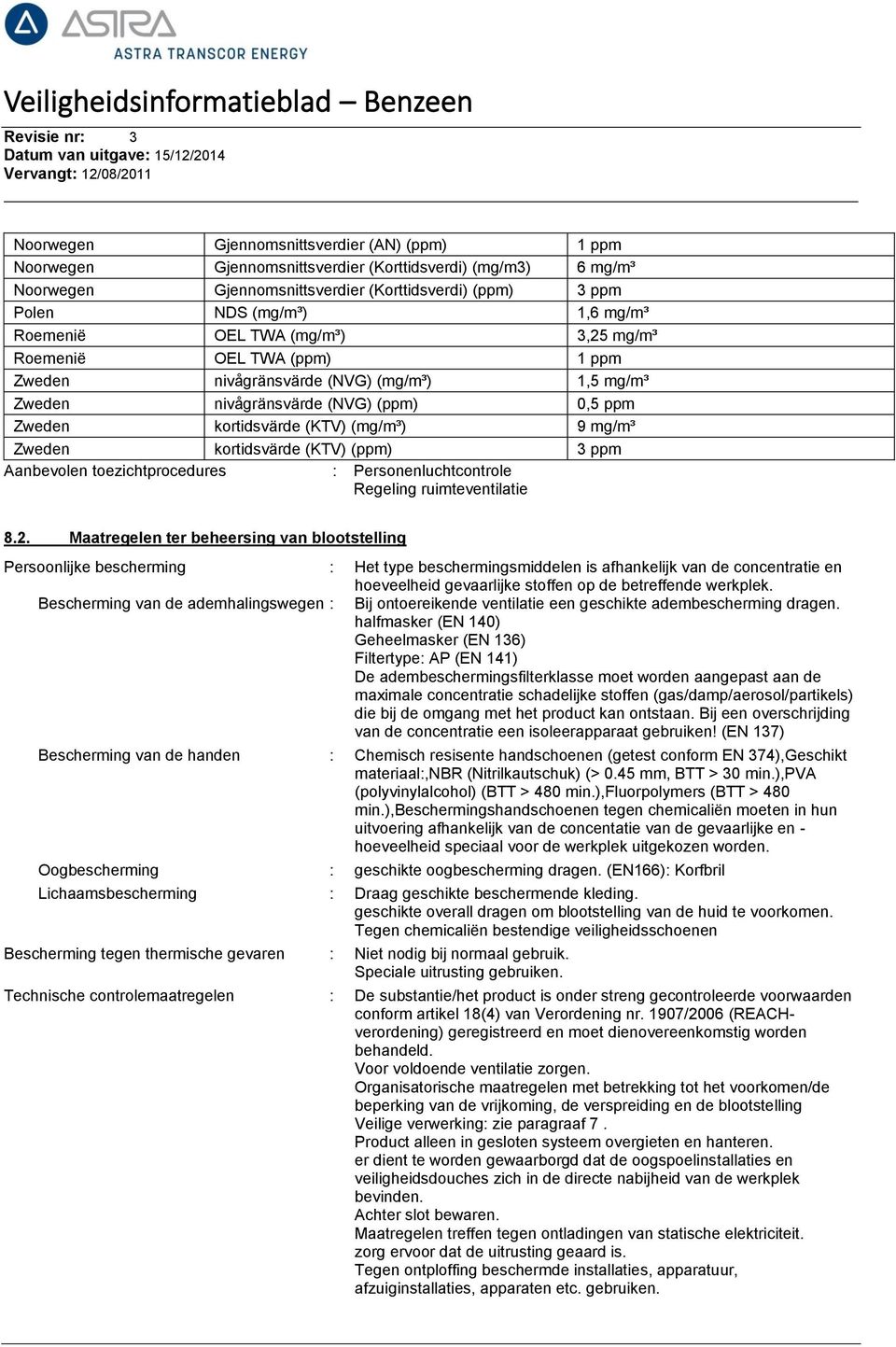 Zweden kortidsvärde (KTV) (ppm) 3 ppm Aanbevolen toezichtprocedures : Personenluchtcontrole Regeling ruimteventilatie 8.2.