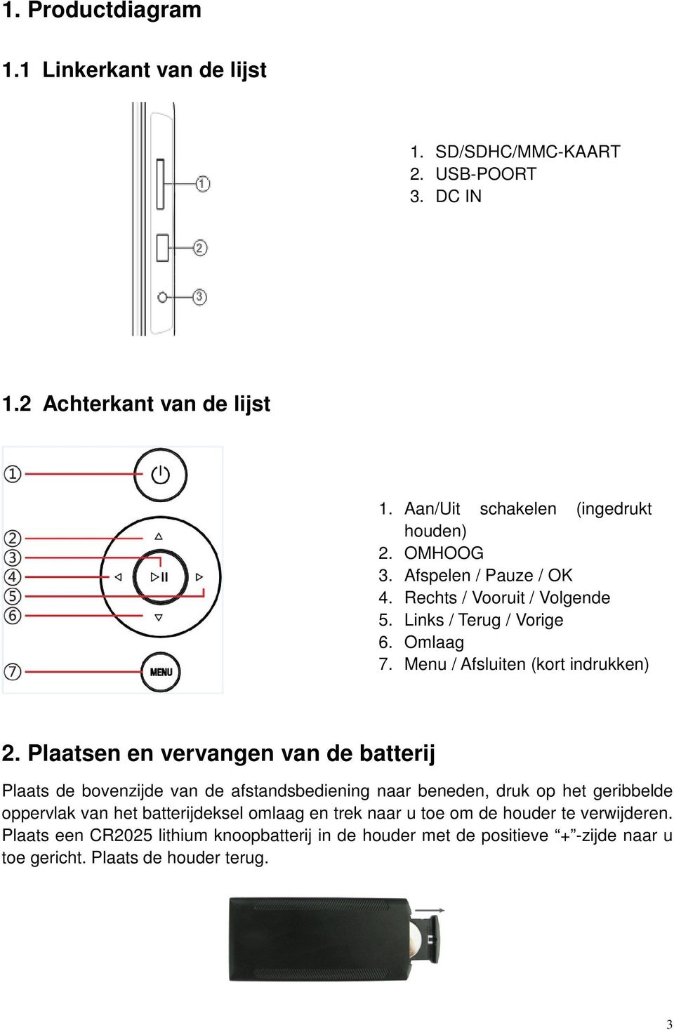 Menu / Afsluiten (kort indrukken) 2.