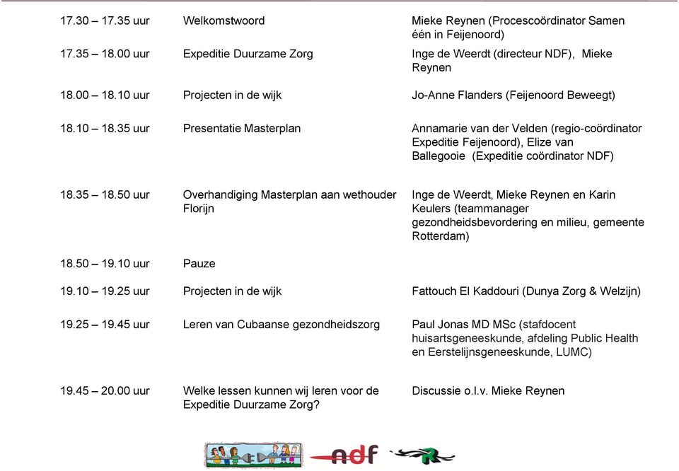 35 uur Presentatie Masterplan Annamarie van der Velden (regio-coördinator Expeditie Feijenoord), Elize van Ballegooie (Expeditie coördinator NDF) 18.35 18.