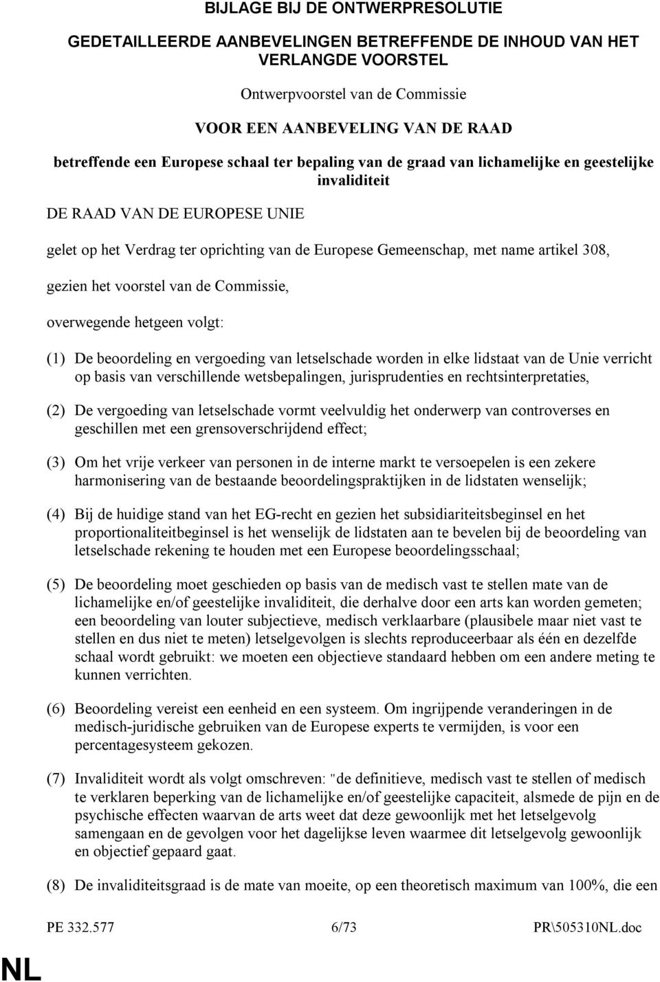 308, gezien het voorstel van de Commissie, overwegende hetgeen volgt: (1) De beoordeling en vergoeding van letselschade worden in elke lidstaat van de Unie verricht op basis van verschillende