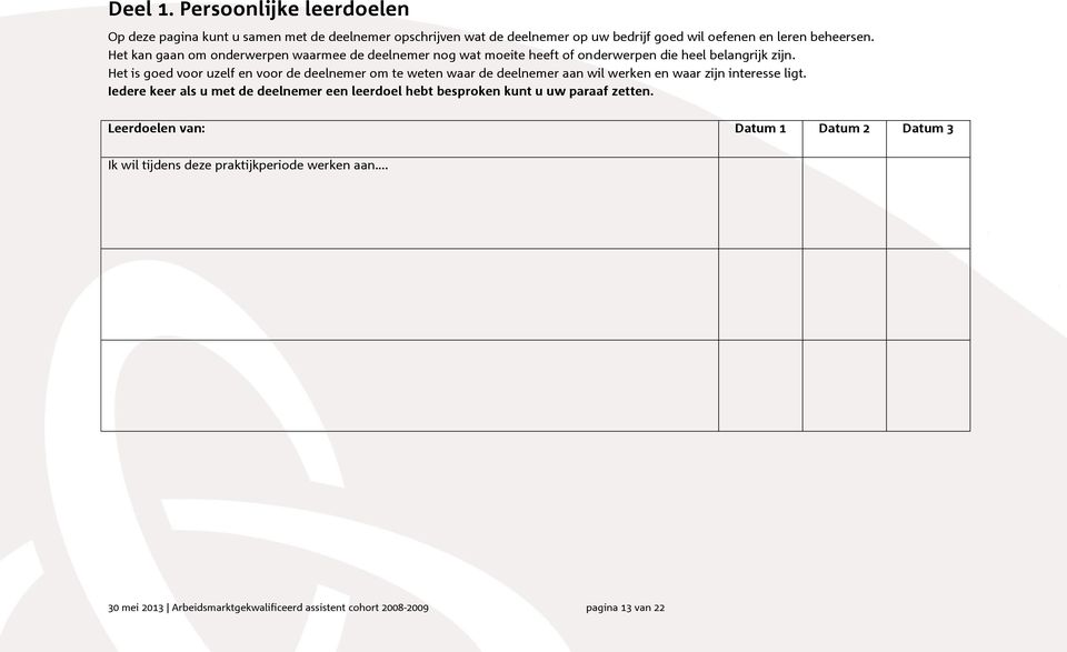 Het is goed voor uzelf en voor de deelnemer om te weten waar de deelnemer aan wil werken en waar zijn interesse ligt.