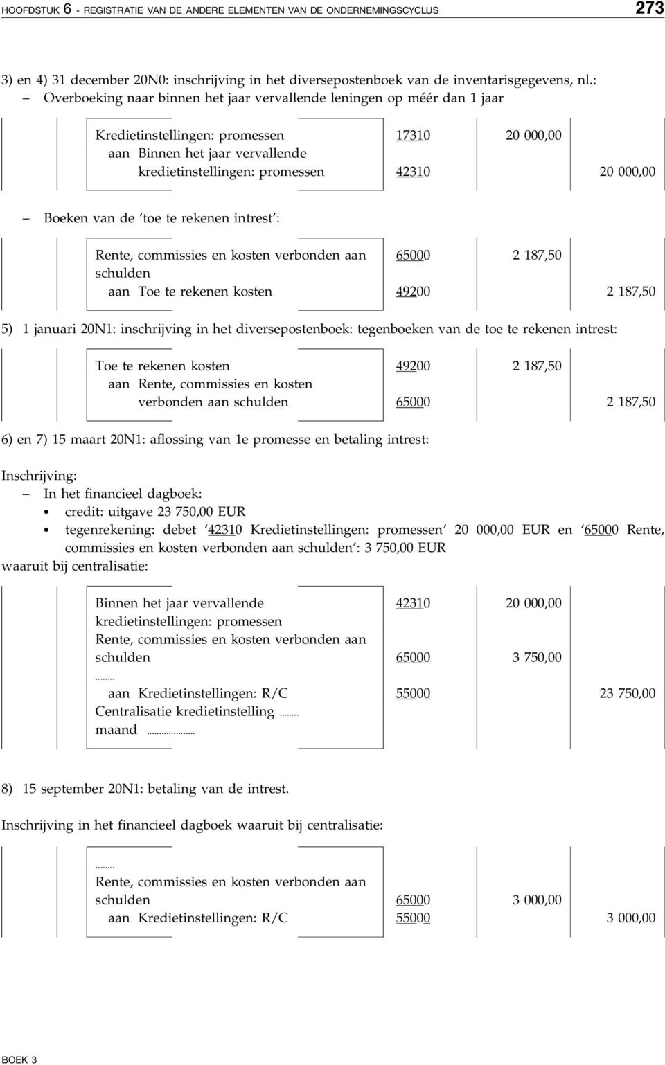 000,00 Boeken van de toe te rekenen intrest : Rente, commissies en kosten verbonden aan 65000 2 187,50 schulden aan Toe te rekenen kosten 49200 2 187,50 5) 1 januari 20N1: inschrijving in het