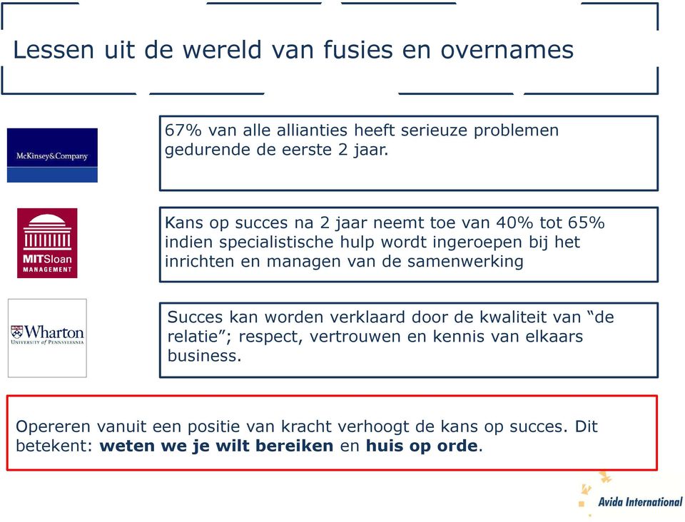 Kans op succes na 2 jaar neemt toe van 40% tot 65% indien specialistische hulp wordt ingeroepen bij het inrichten en managen van de samenwerking