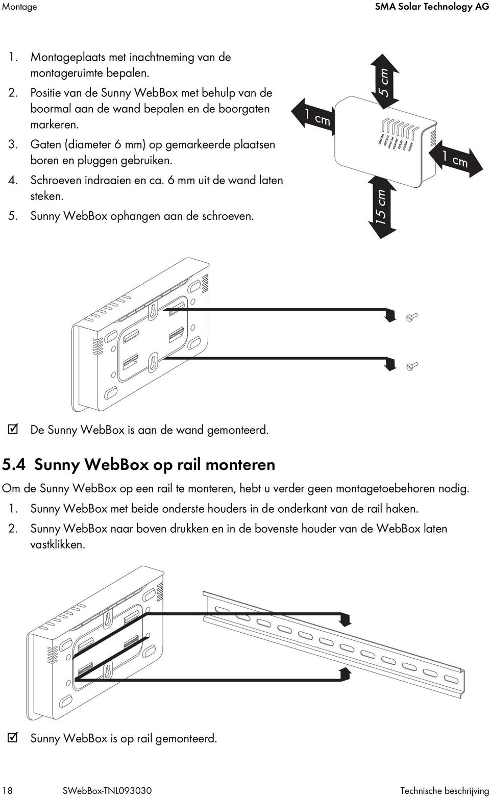 De Sunny WebBox is aan de wand gemonteerd. 5.4 Sunny WebBox op rail monteren Om de Sunny WebBox op een rail te monteren, hebt u verder geen montagetoebehoren nodig. 1.