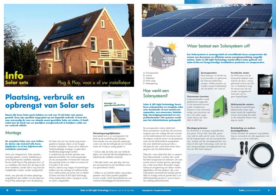 Info Solar sets Plaatsing, verbruik en opbrengst van Solar sets Naast alle losse Solar parts hebben we ook een 13-tal Solar sets samen gesteld. Deze zijn specifiek toegespitst op een bepaald verbruik.