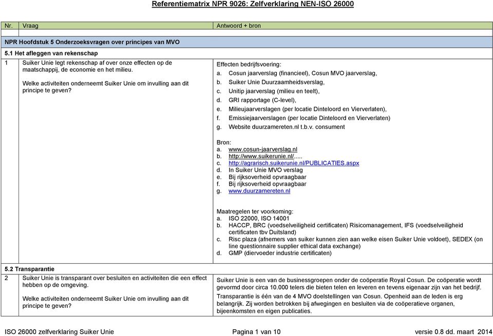 Cosun jaarverslag (financieel), Cosun MVO jaarverslag, b. Suiker Unie Duurzaamheidsverslag, c. Unitip jaarverslag (milieu en teelt), d. GRI rapportage (C-level), e.