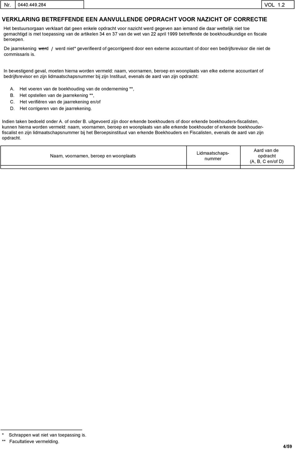 gemachtigd is met toepassing van de artikelen 34 en 37 van de wet van 22 april 1999 betreffende de boekhoudkundige en fiscale beroepen. De jaarrekening commissaris is.