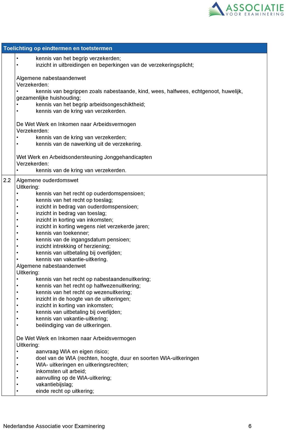 De Wet Werk en Inkomen naar Arbeidsvermogen Verzekerden: kennis van de kring van verzekerden; kennis van de nawerking uit de verzekering.