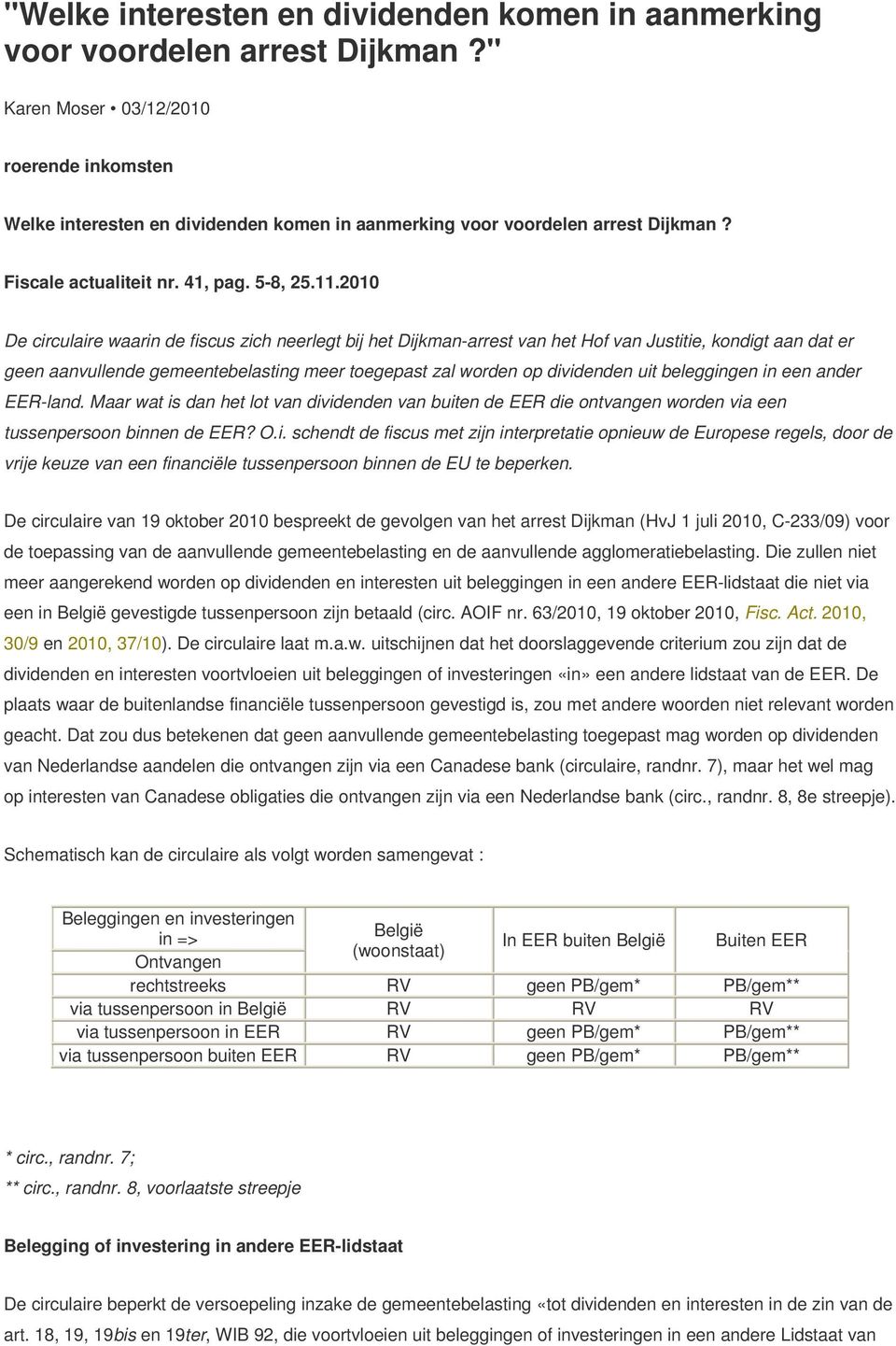 2010 De circulaire waarin de fiscus zich neerlegt bij het Dijkman-arrest van het Hof van Justitie, kondigt aan dat er geen aanvullende gemeentebelasting meer toegepast zal worden op dividenden uit