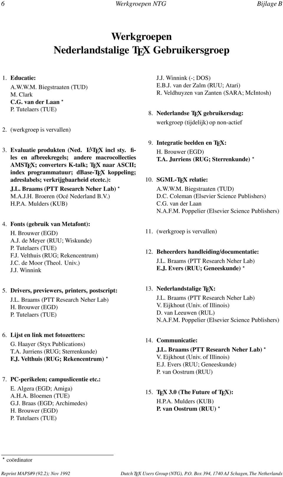 files en afbreekregels; andere macrocollecties AMSTEX; converters K-talk; TEX naar ASCII; index programmatuur; dbase-tex koppeling; adreslabels; verkrijgbaarheid etcetc.): J.L.