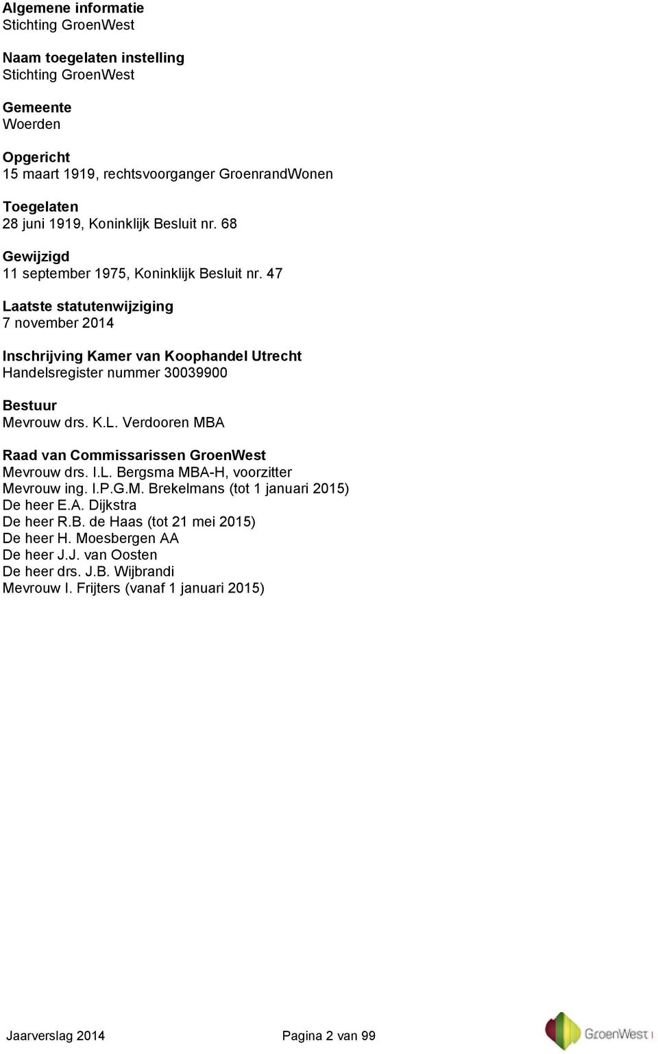 47 Laatste statutenwijziging 7 november 2014 Inschrijving Kamer van Koophandel Utrecht Handelsregister nummer 30039900 Bestuur Mevrouw drs. K.L. Verdooren MBA Raad van Commissarissen GroenWest Mevrouw drs.