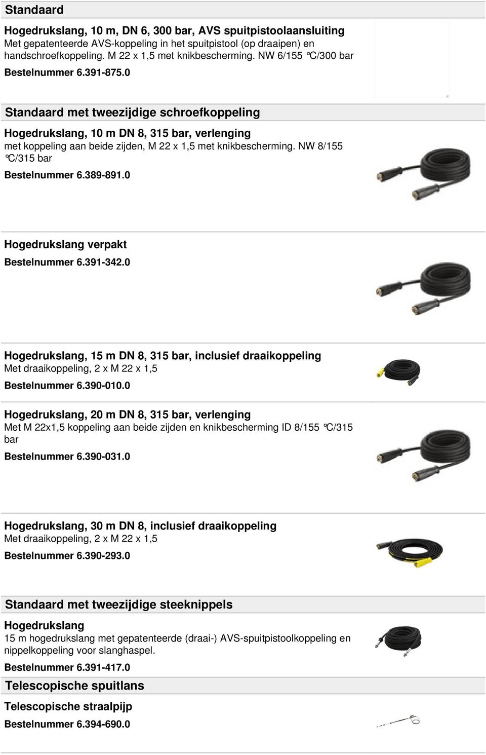 NW 8/155 C/315 bar Bestelnummer 6.389-891.0 Hogedrukslang verpakt Bestelnummer 6.391-342.