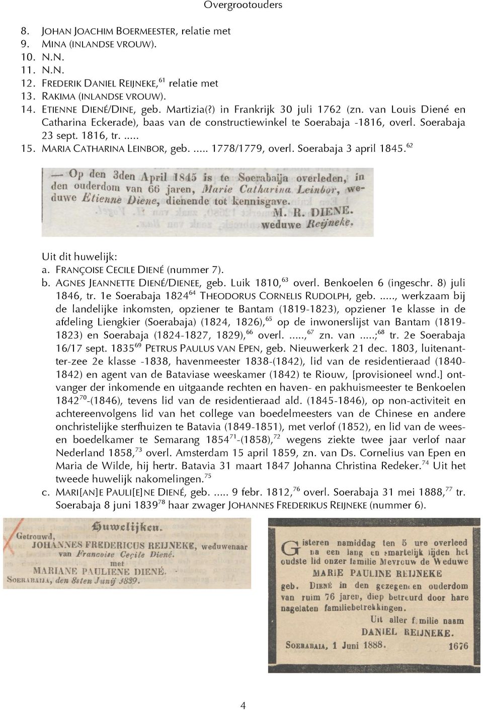 MARIA CATHARINA LEINBOR, geb.... 1778/1779, overl. Soerabaja 3 april 1845. 62 Uit dit huwelijk: a. FRANÇOISE CECILE DIENÉ (nummer 7). b. AGNES JEANNETTE DIENÉ/DIENEE, geb. Luik 1810, 63 overl.