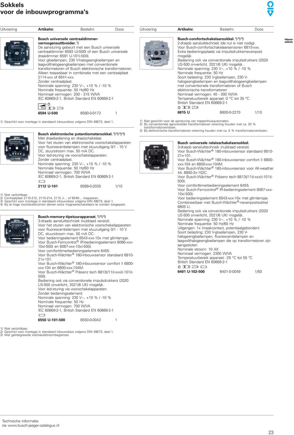 /60 Hz Nominaal vermogen: 200-315 W/VA 6594 U-500 6590-0-0172 1 Busch elektronische potentiometersokkel. 1 ) 2 ) 3 ) 4 ) Met draaibediening en draaischakelaar.