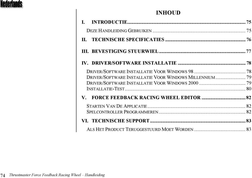 .. 79 DRIVER/SOFTWARE INSTALLATIE VOOR WINDOWS 2000... 79 INSTALLATIE-TEST... 80 V. FORCE FEEDBACK RACING WHEEL EDITOR.