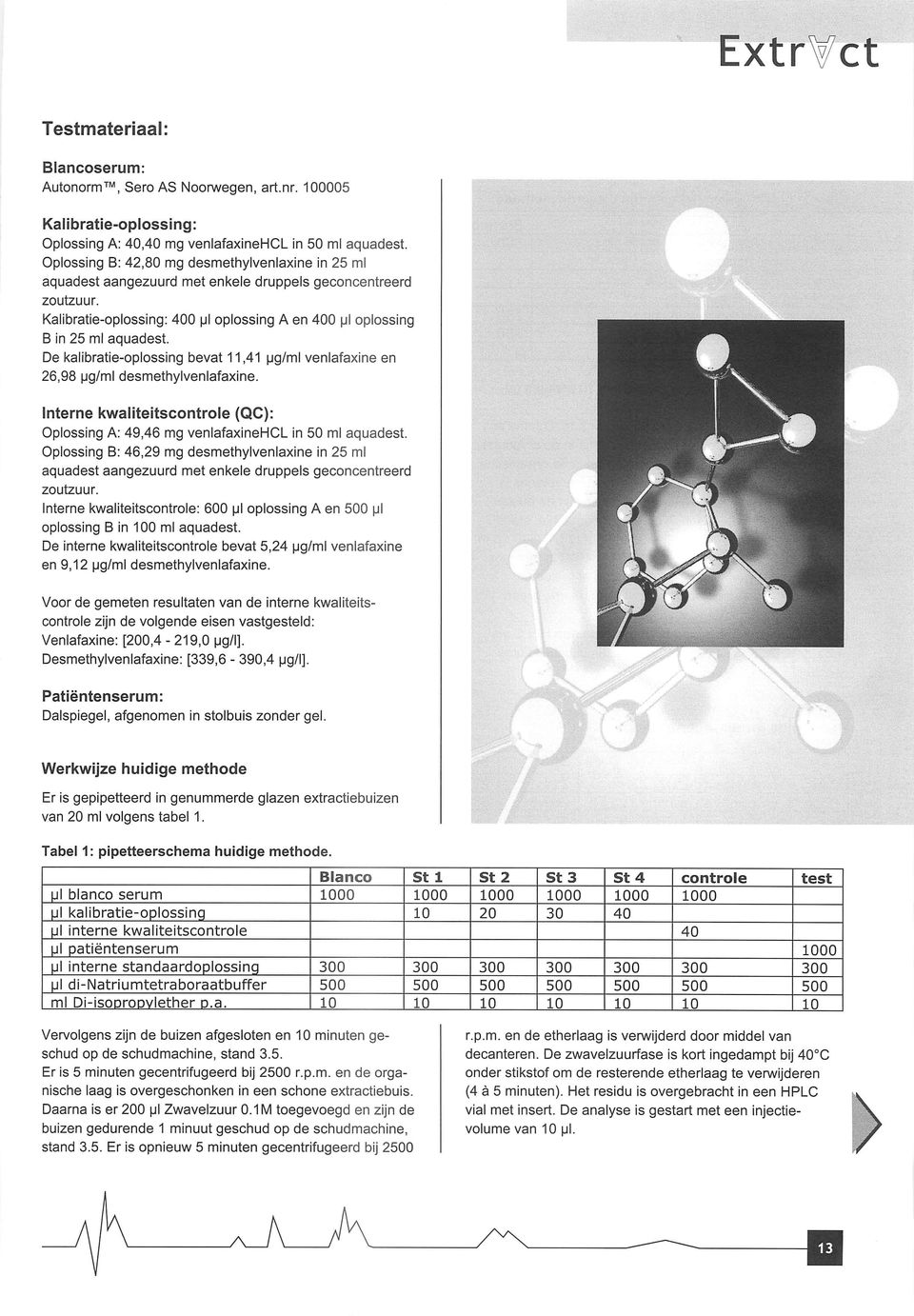 De kalibratie-oplossing bevat 11,41 pg/ml venlafaxine en 6,98 pg/ml desmethylvenlafaxine. Interne kwaliteitscontrole (QC): Oplossing A: 49,46 mg venlafaxinehcl in 50 ml aquadest.