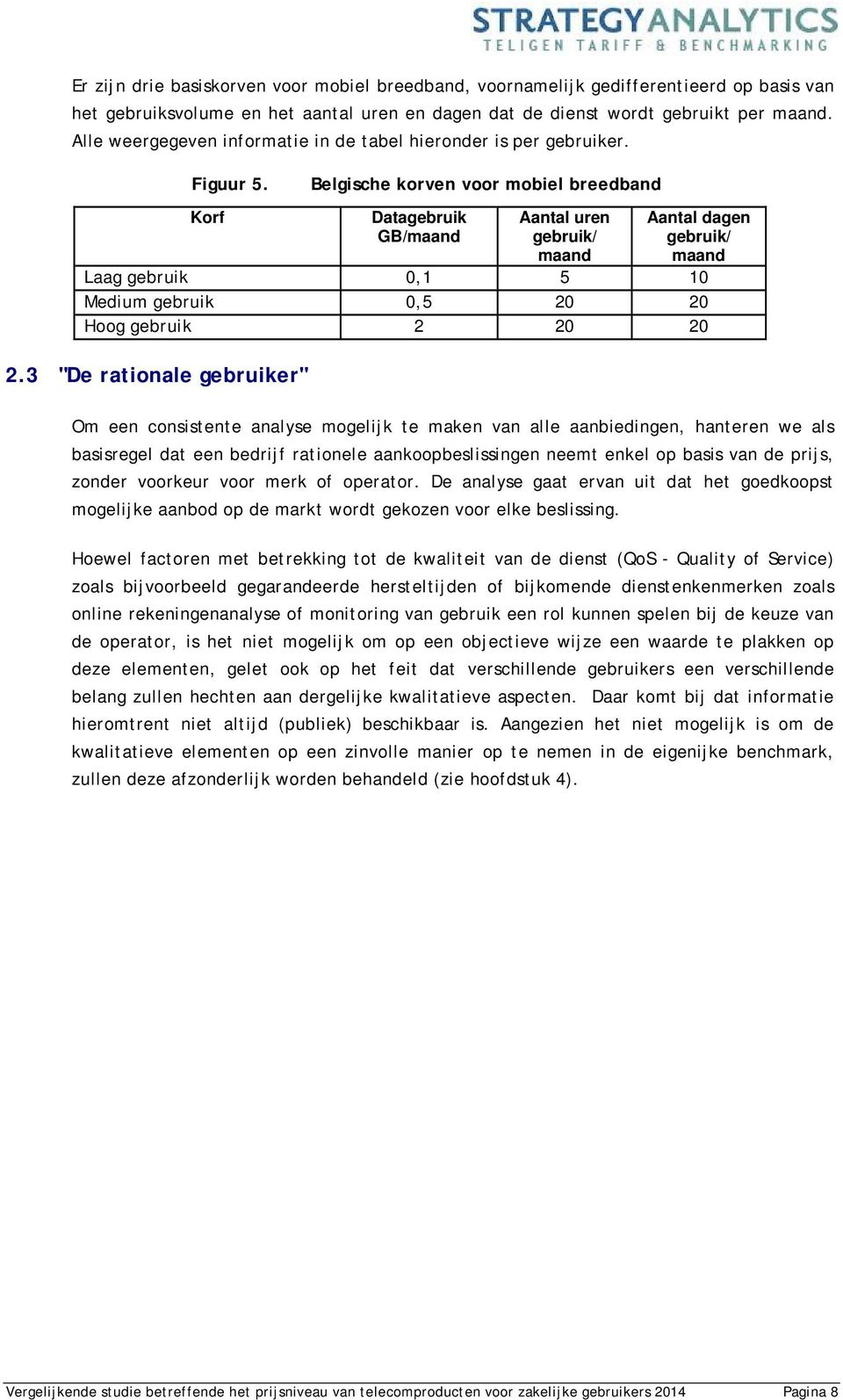 Belgische korven voor mobiel breedband Korf Datagebruik GB/maand Aantal uren gebruik/ maand Aantal dagen gebruik/ maand Laag gebruik 0,1 5 10 Medium gebruik 0,5 20 20 Hoog gebruik 2 20 20 2.
