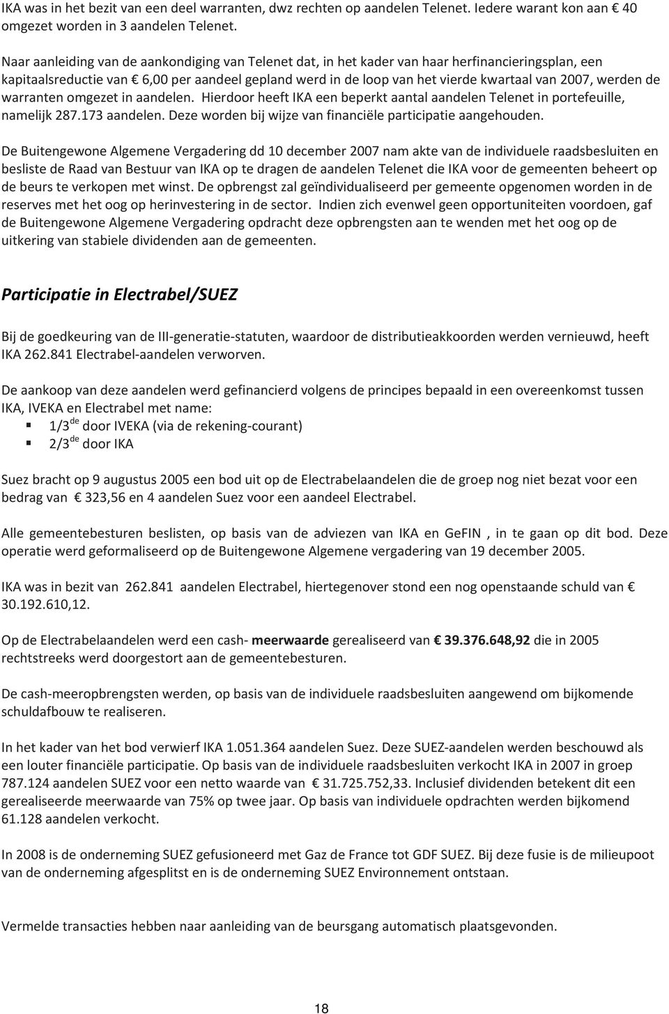 werden de warranten omgezet in aandelen. Hierdoor heeft IKA een beperkt aantal aandelen Telenet in portefeuille, namelijk 287.173 aandelen.