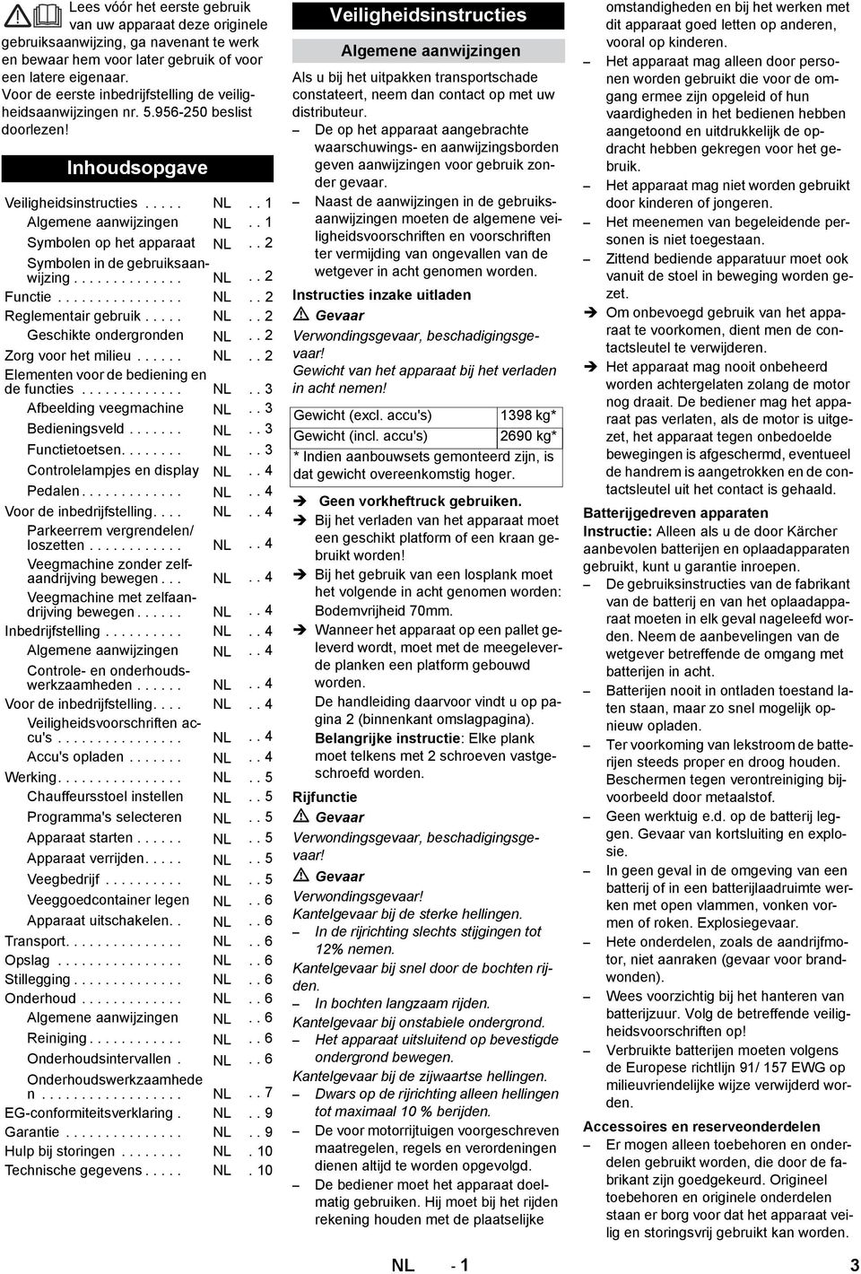 . 2 Symbolen in de gebruiksaanwijzing.............. NL.. 2 Functie................ NL.. 2 Reglementair gebruik..... NL.. 2 Geschikte ondergronden NL.. 2 Zorg voor het milieu...... NL.. 2 Elementen voor de bediening en de functies.