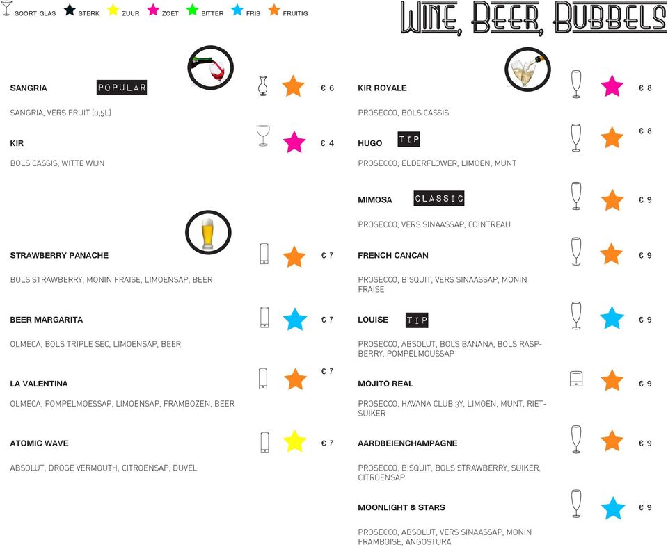 BOLS TRIPLE SEC, LIMOENSAP, BEER LA VALENTINA OLMECA, POMPELMOESSAP, LIMOENSAP, FRAMBOZEN, BEER 7 PROSECCO, ABSOLUT, BOLS BANANA, BOLS RASP- BERRY, POMPELMOUSSAP MOJITO REAL 9 PROSECCO, HAVANA CLUB