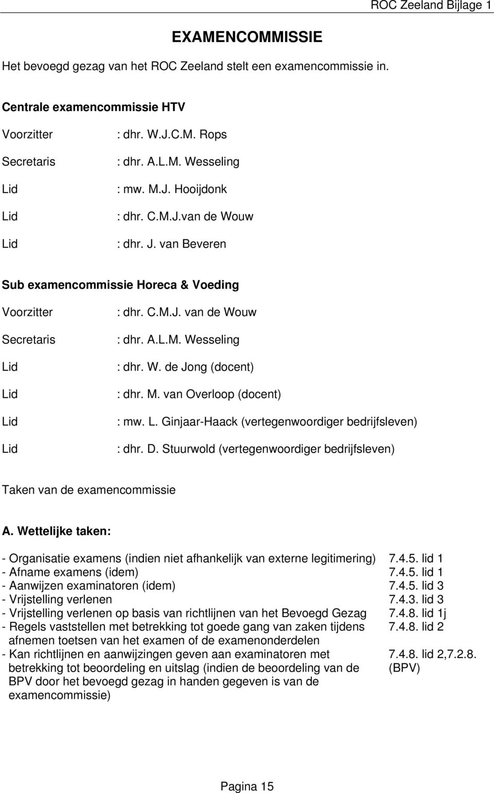 W. de Jong (docent) : dhr. M. van Overloop (docent) : mw. L. Ginjaar-Haack (vertegenwoordiger bedrijfsleven) : dhr. D. Stuurwold (vertegenwoordiger bedrijfsleven) Taken van de examencommissie A.