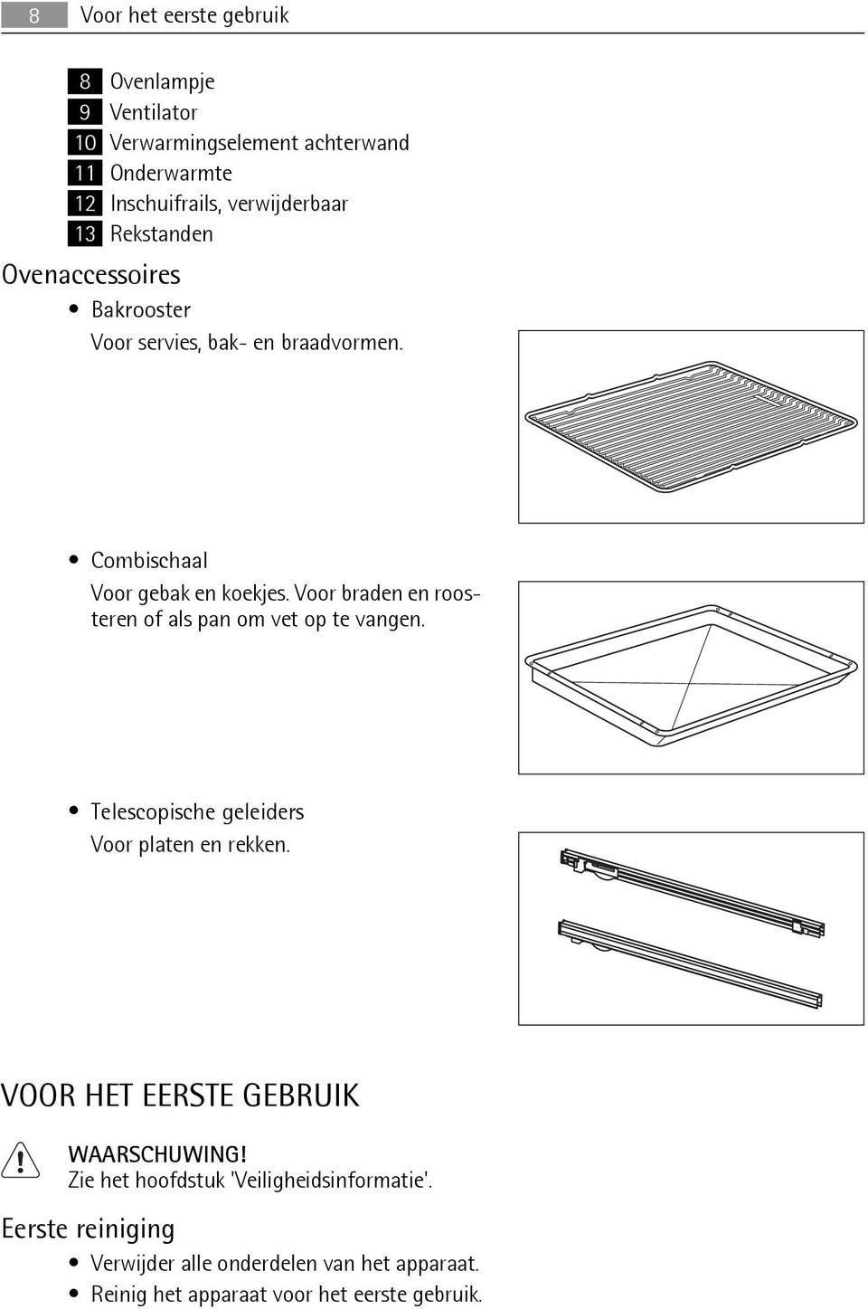 Voor braden en roosteren of als pan om vet op te vangen. Telescopische geleiders Voor platen en rekken.