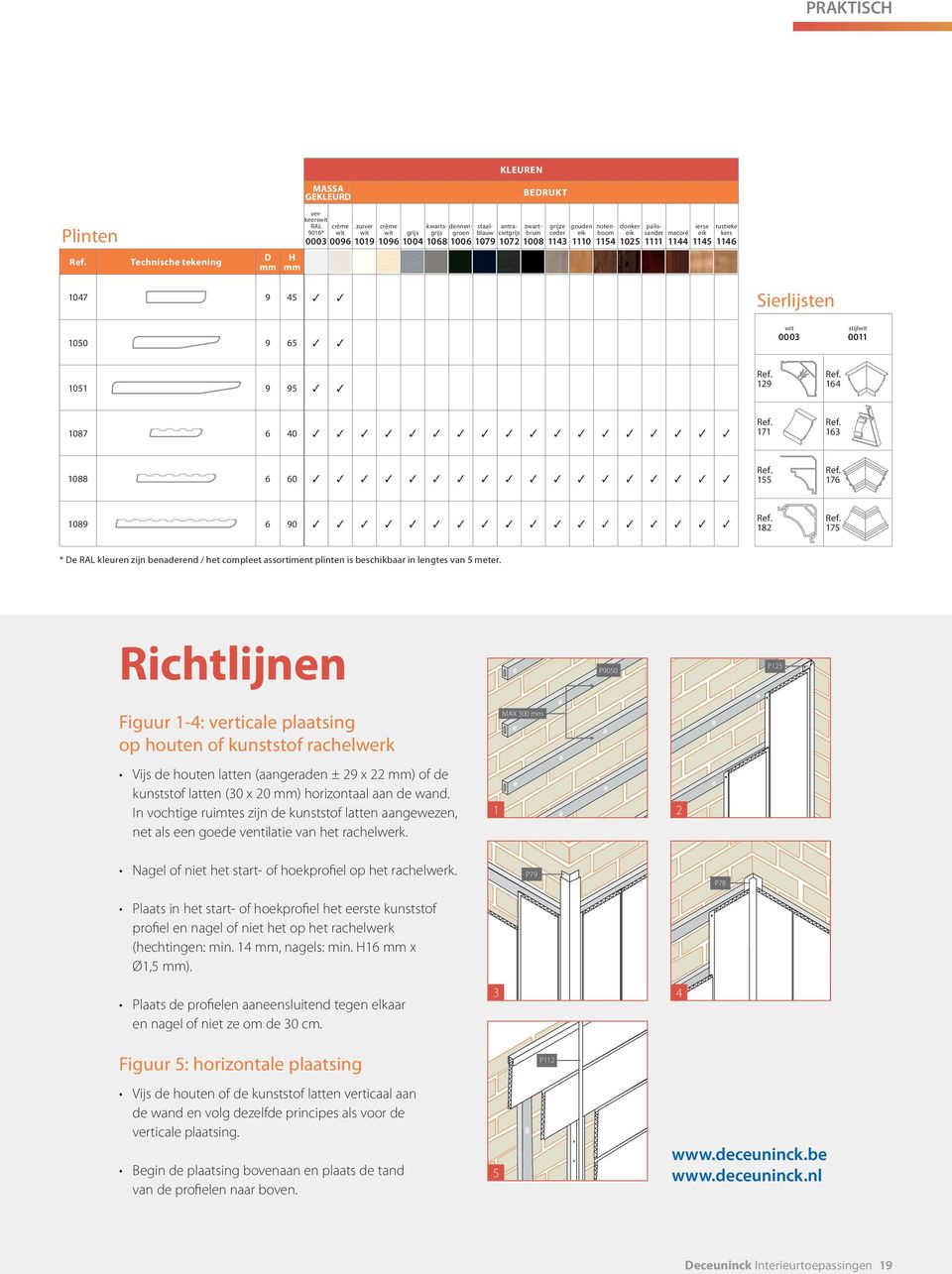 Sierlijsten 1047 9 45 1050 9 65 1051 9 95 1087 6 40 1088 6 60 1089 6 90 wit stijlwit 0003 0011 129 164 171 163 155 176 182 175 * De RAL kleuren zijn benaderend / het compleet assortiment plinten is