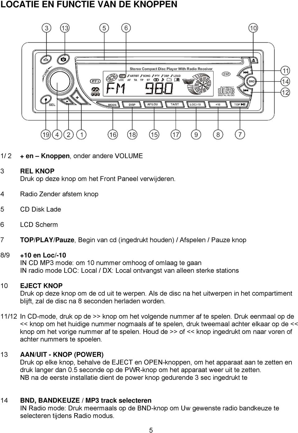 gaan IN radio mode LOC: Local / DX: Local ontvangst van alleen sterke stations 10 EJECT KNOP Druk op deze knop om de cd uit te werpen.