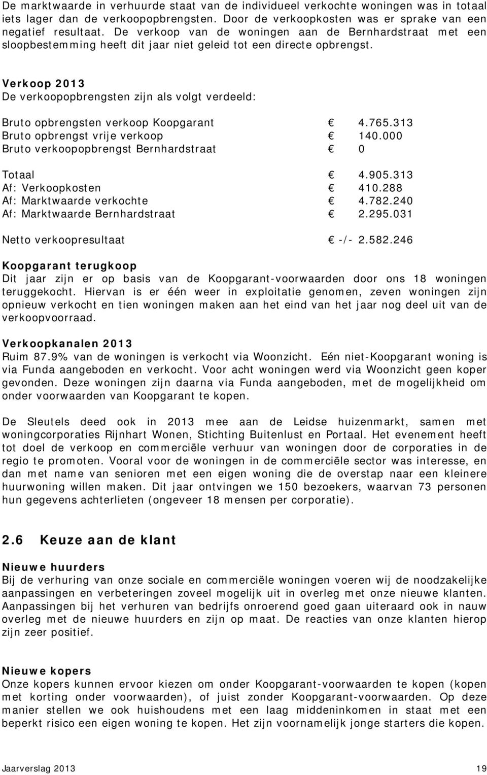 Verkoop 2013 De verkoopopbrengsten zijn als volgt verdeeld: Bruto opbrengsten verkoop Koopgarant 4.765.313 Bruto opbrengst vrije verkoop 140.000 Bruto verkoopopbrengst Bernhardstraat 0 Totaal 4.905.