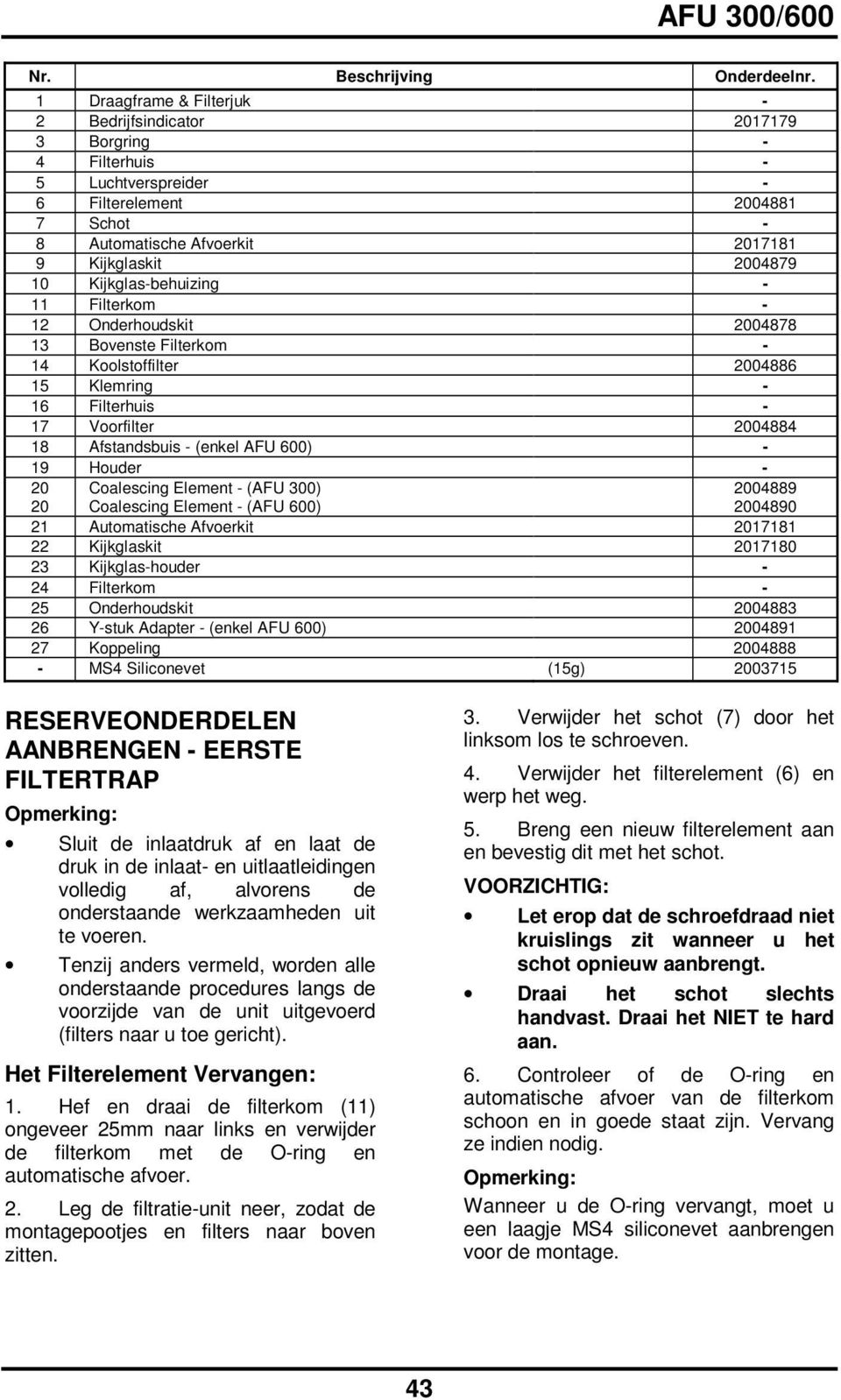 Kijkglasbehuizing 11 Filterkom 12 Onderhoudskit 2004878 13 Bovenste Filterkom 14 Koolstoffilter 2004886 15 Klemring 16 Filterhuis 17 Voorfilter 2004884 18 Afstandsbuis (enkel AFU 600) 19 Houder 20