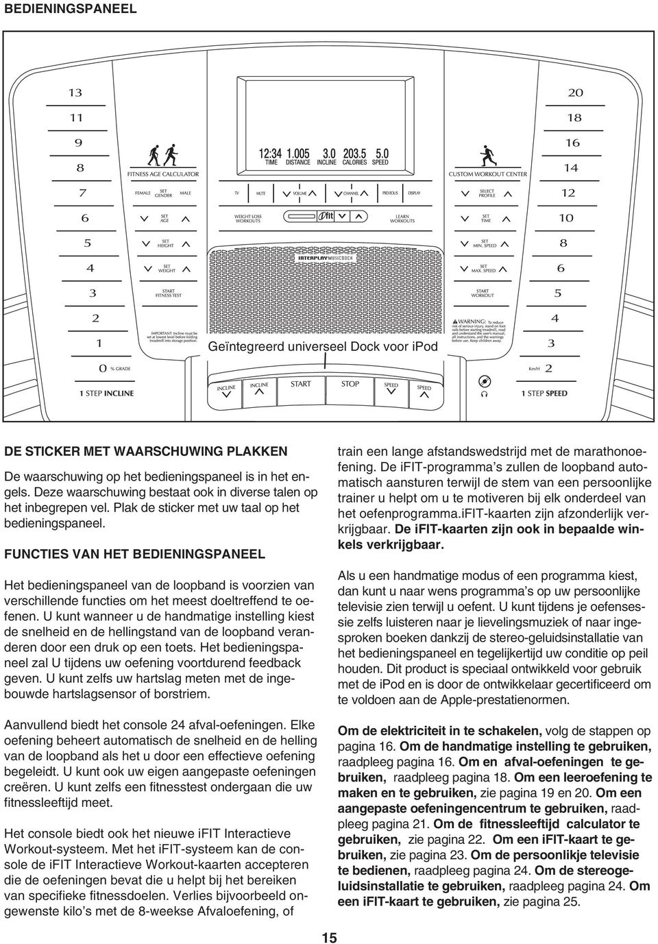 FUNCTIES VAN HET BEDIENINGSPANEEL Het bedieningspaneel van de loopband is voorzien van verschillende functies om het meest doeltreffend te oefenen.