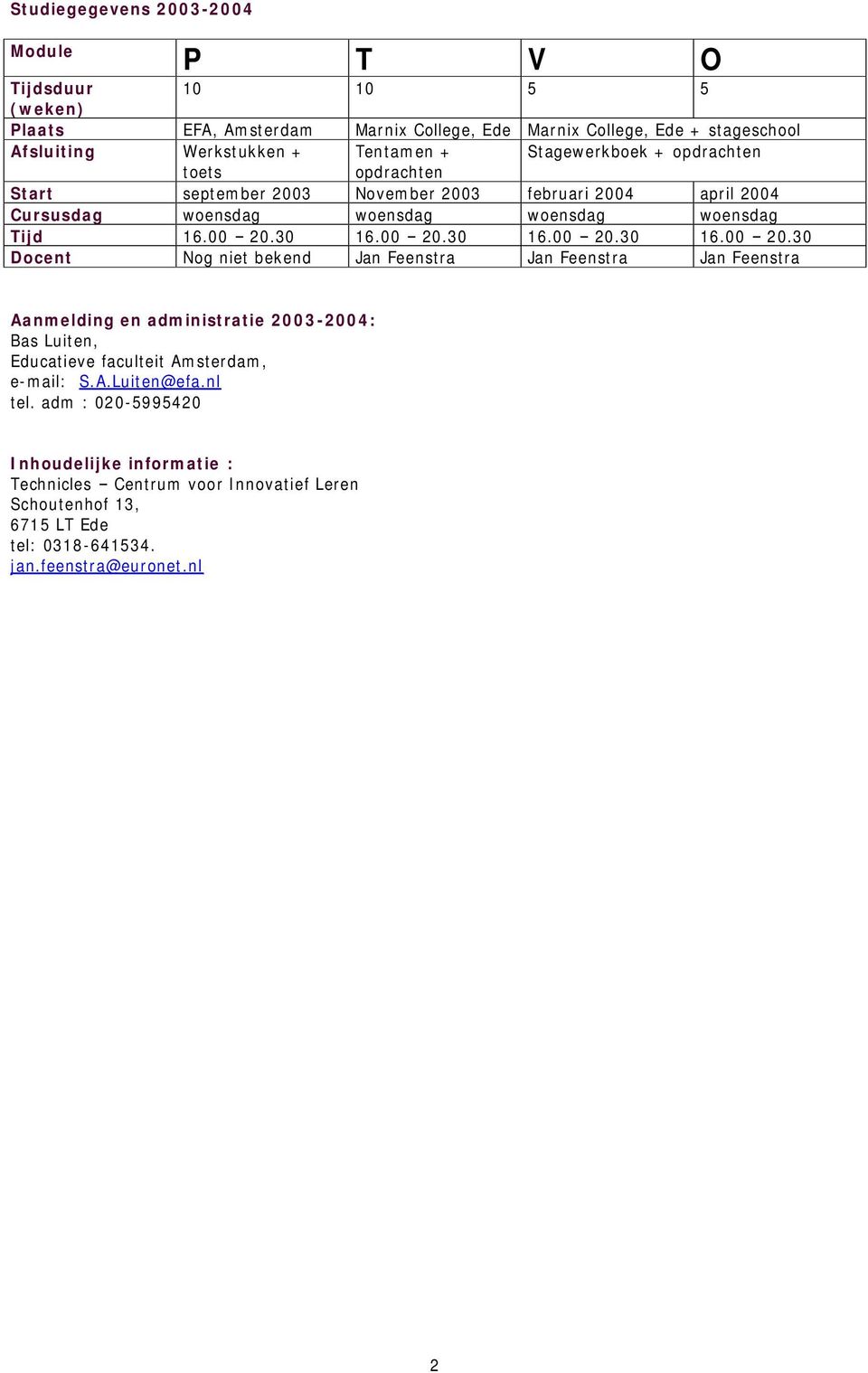 30 16.00 20.30 16.00 20.30 16.00 20.30 Docent Nog niet bekend Jan Feenstra Jan Feenstra Jan Feenstra Aanmelding en administratie 2003-2004: Bas Luiten, Educatieve faculteit Amsterdam, e-mail: S.