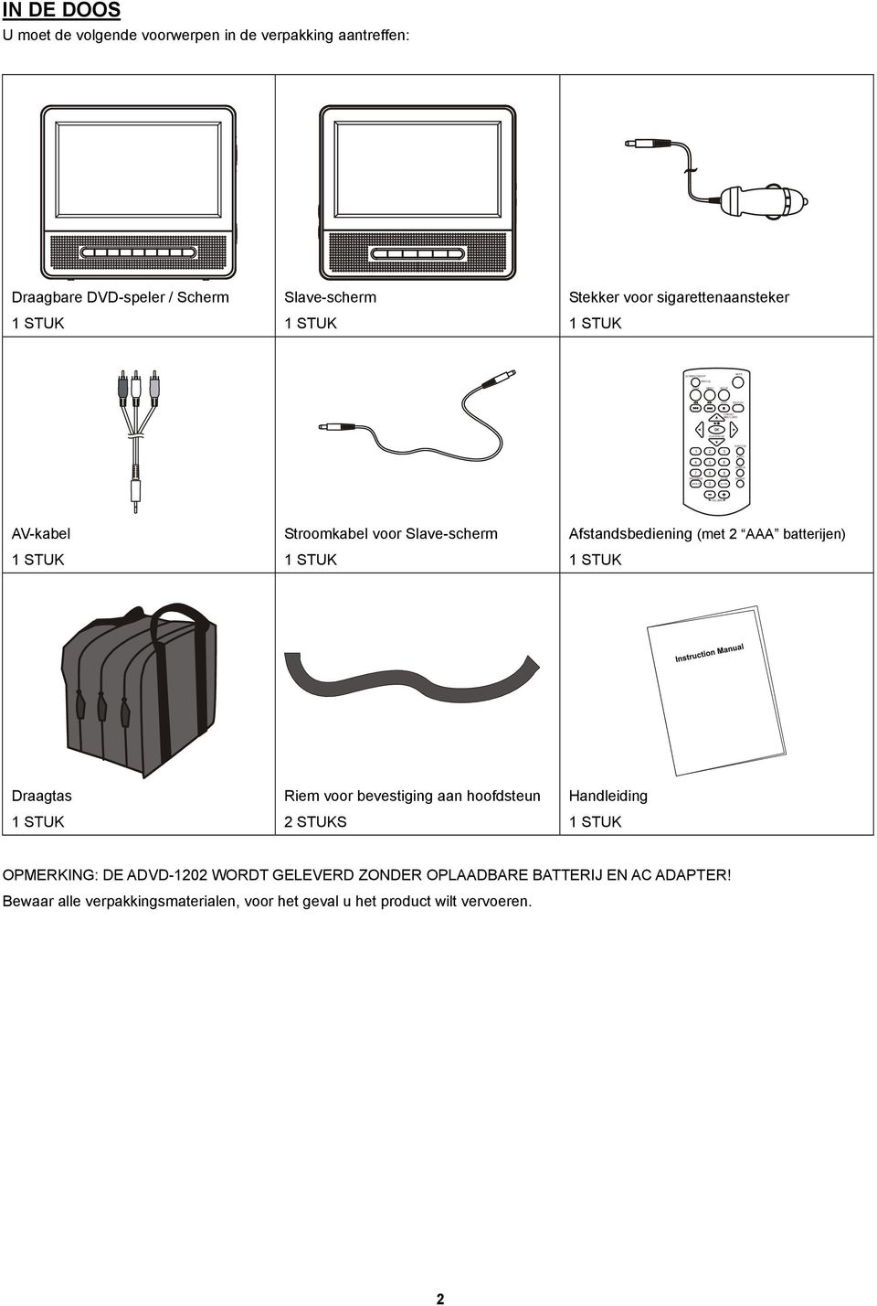 ZOOM REPEAT 0 VOLUME AV-kabel Stroomkabel voor Slave-scherm Afstandsbediening (met 2 AAA batterijen) Draagtas Riem voor bevestiging aan hoofdsteun 2 STUKS