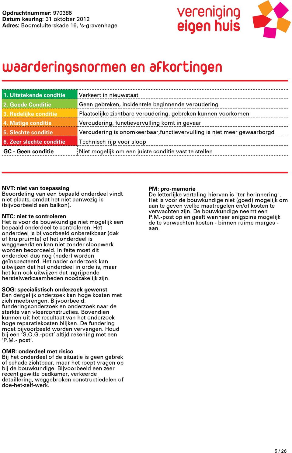 functievervulling komt in gevaar Veroudering is onomkeerbaar,functievervulling is niet meer gewaarborgd Technisch rijp voor sloop Niet mogelijk om een juiste conditie vast te stellen NVT: niet van