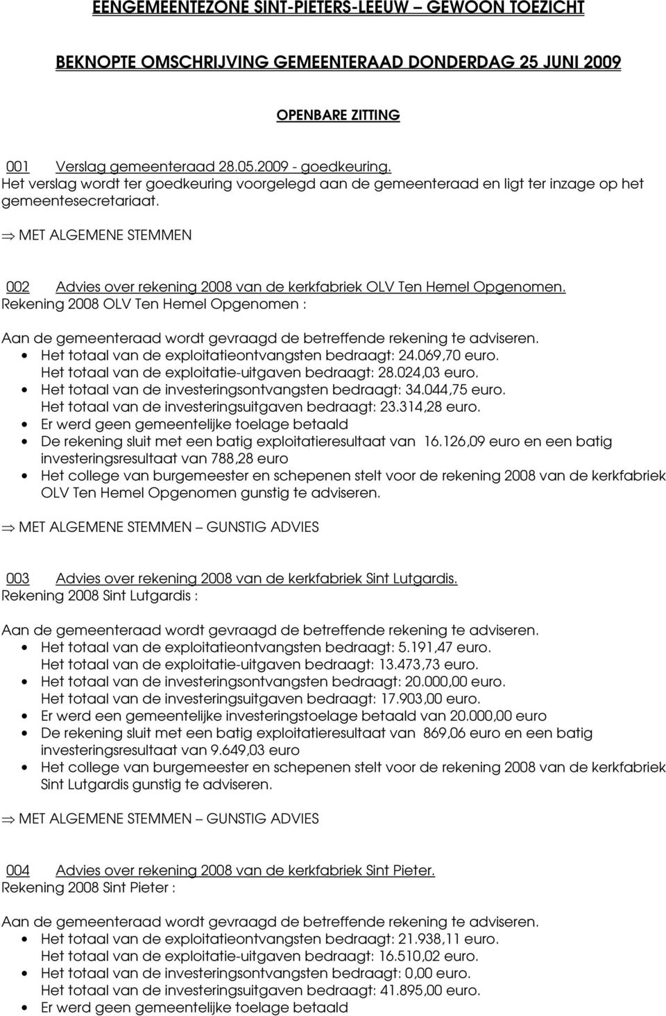 Rekening 2008 OLV Ten Hemel Opgenomen : Het totaal van de exploitatieontvangsten bedraagt: 24.069,70 euro. Het totaal van de exploitatie-uitgaven bedraagt: 28.024,03 euro.