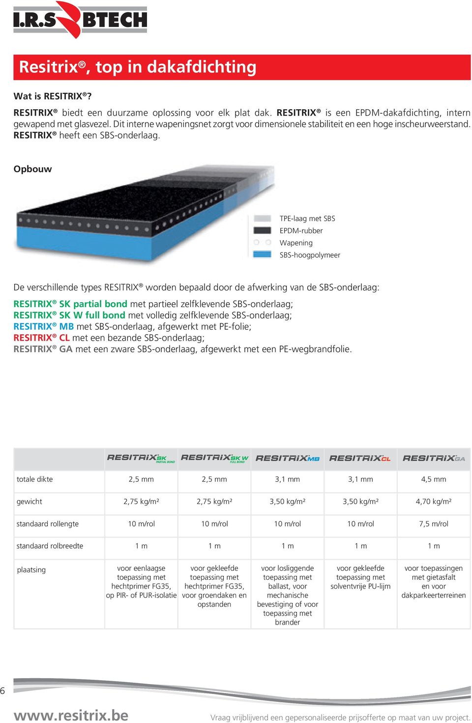 Opbouw TPE-laag met SBS EPDM-rubber Wapening SBS-hoogpolymeer De verschillende types RESITRIX worden bepaald door de afwerking van de SBS-onderlaag: RESITRIX SK partial bond met partieel zelfklevende