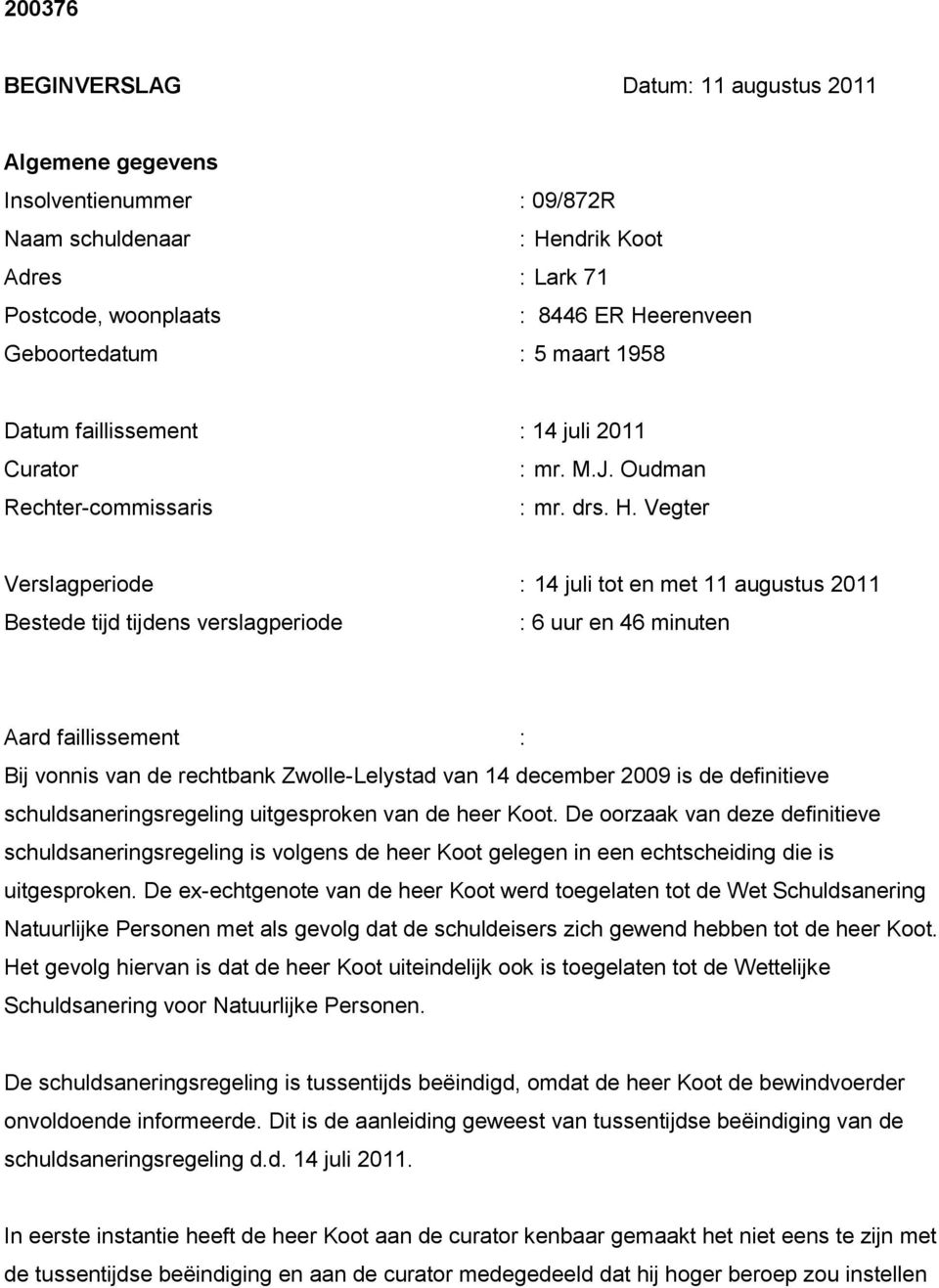 Vegter Verslagperiode : 14 juli tot en met 11 augustus 2011 Bestede tijd tijdens verslagperiode : 6 uur en 46 minuten Aard faillissement : Bij vonnis van de rechtbank Zwolle-Lelystad van 14 december